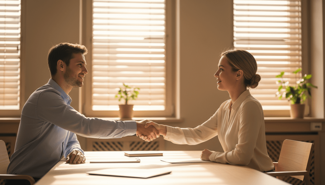 Warm lifestyle medium shot of two people shaking hands across a simple modern desk in a bright Prague office