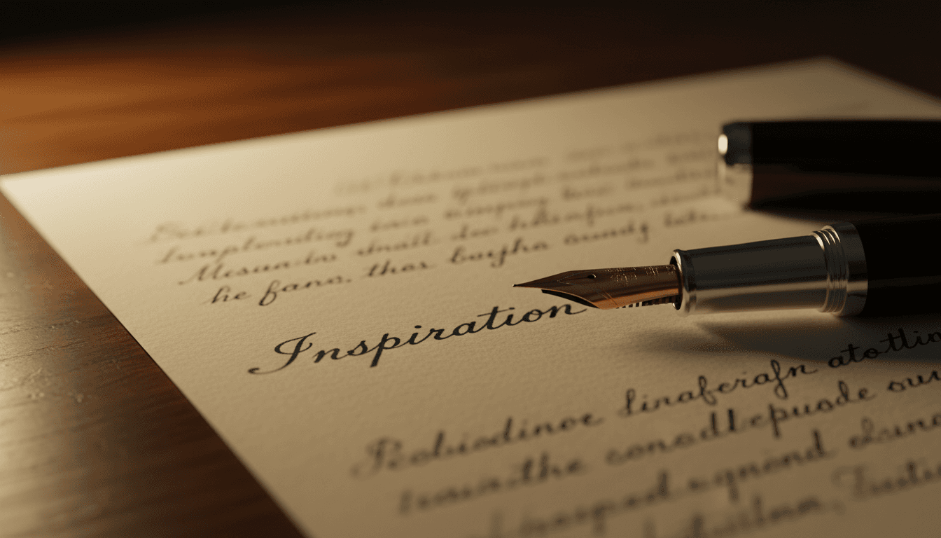 Close-up detail shot of a fountain pen writing on a sheet of cream-colored paper with handwritten notes visible partially blurred