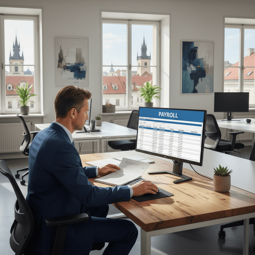 HR professional in Prague office processing payroll on a computer with natural light.