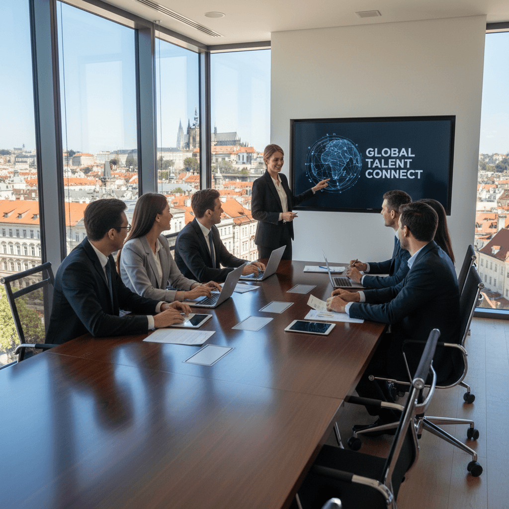 Businesswoman presenting Global Talent Connect to colleagues in a modern boardroom with scenic city views.