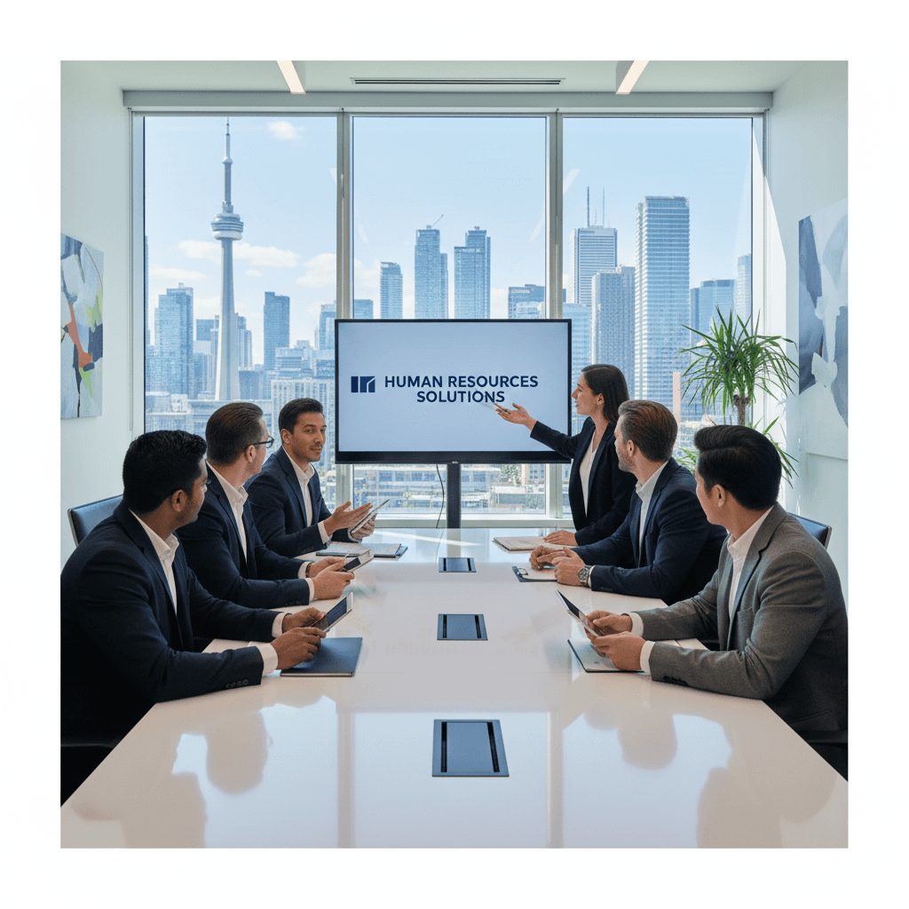 Professionals discuss human resources solutions in a boardroom with a scenic Toronto skyline view.