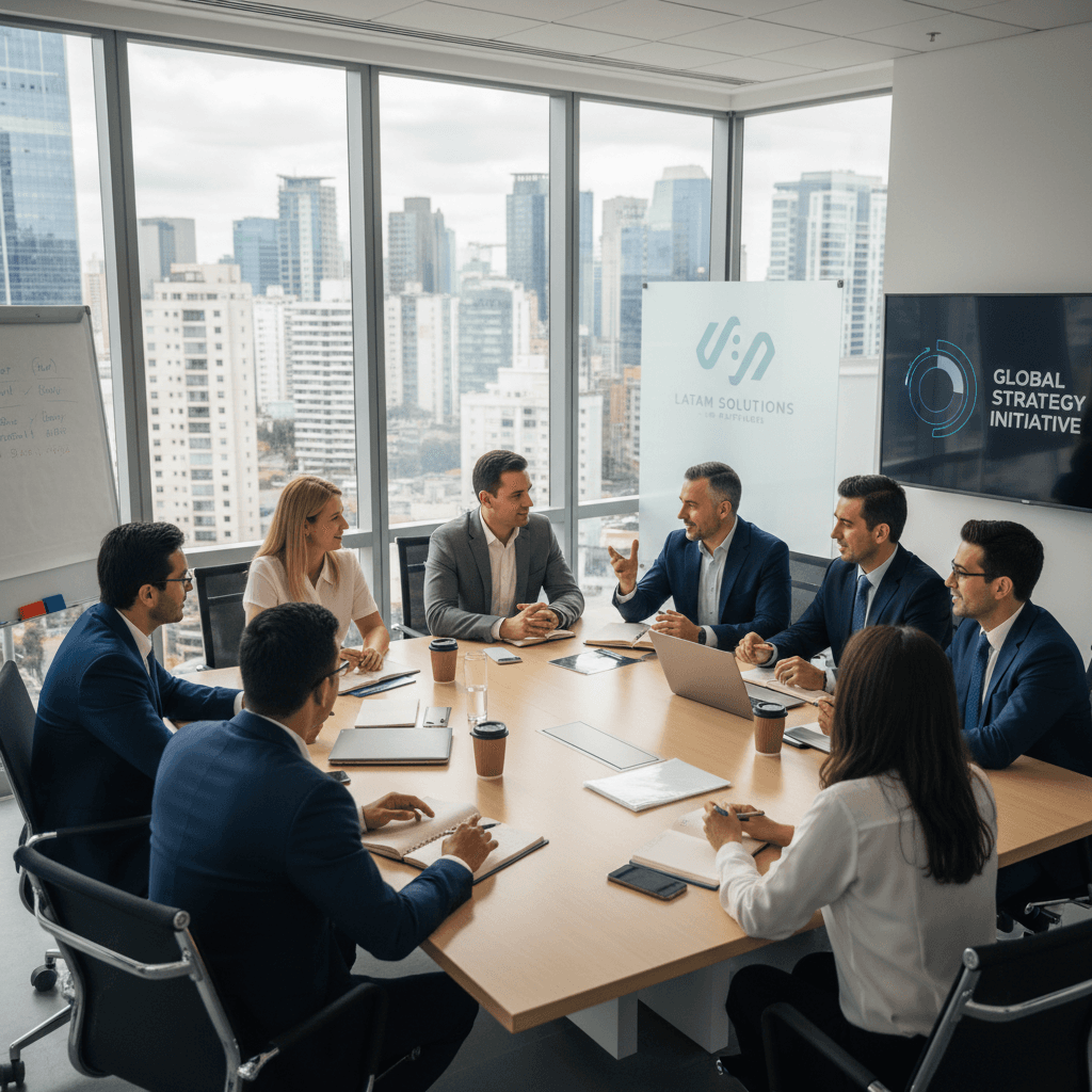 Business professionals in a modern conference room discuss global strategy overlooking a city skyline.