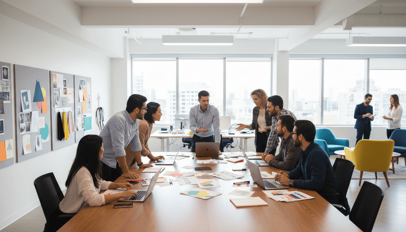 Small team gathered around a whiteboard in a Prague meeting room during a training session