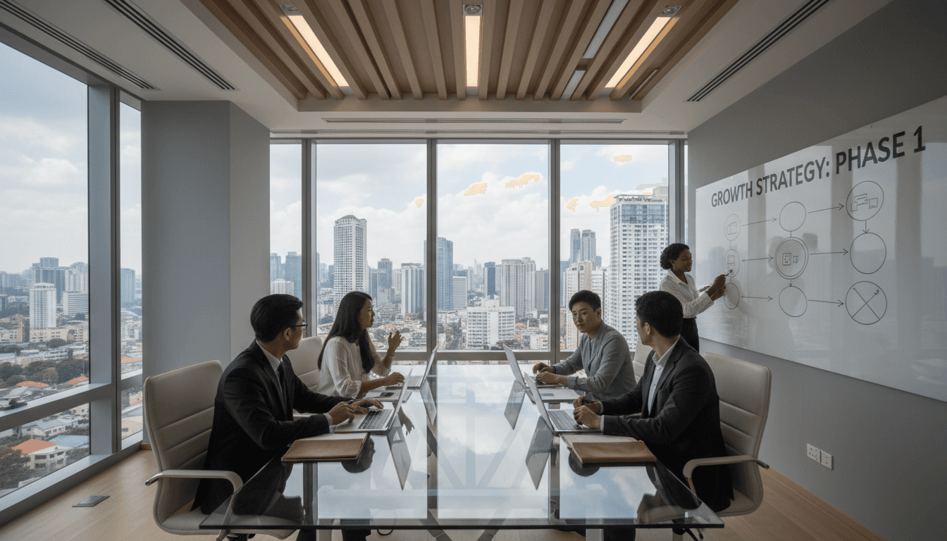 Diverse consulting team strategizing around conference table with whiteboard and urban skyline view
