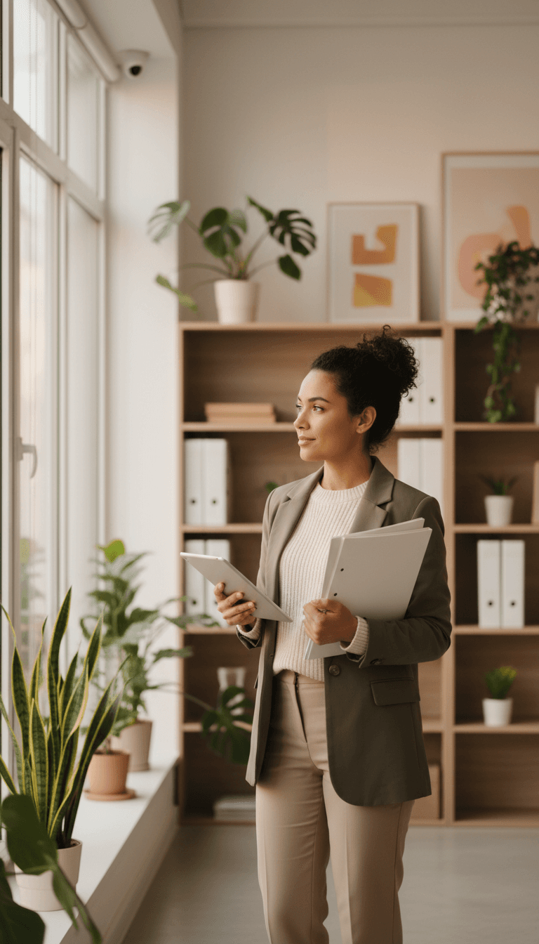 HR professional sitting at a desk in a bright Prague office, ready to talk