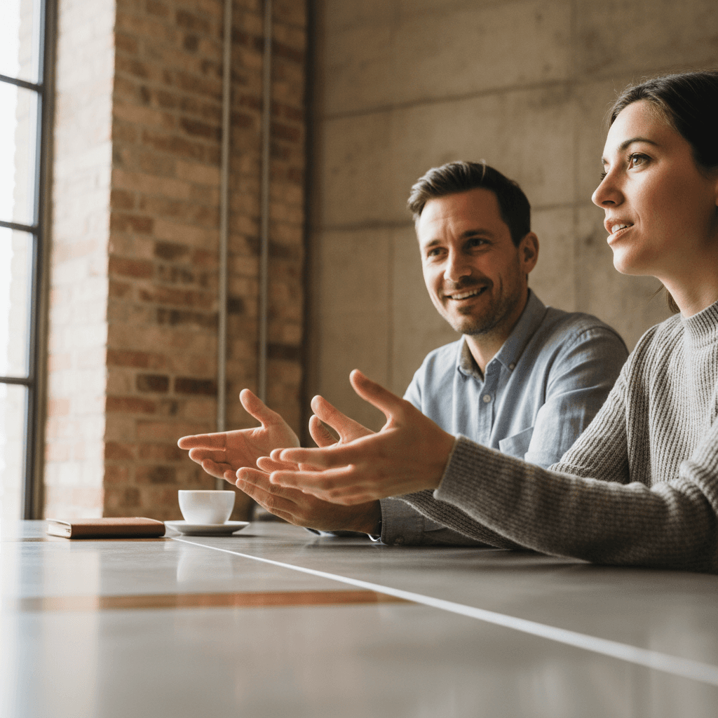Two people reviewing a document during a hiring discussion in a Prague office